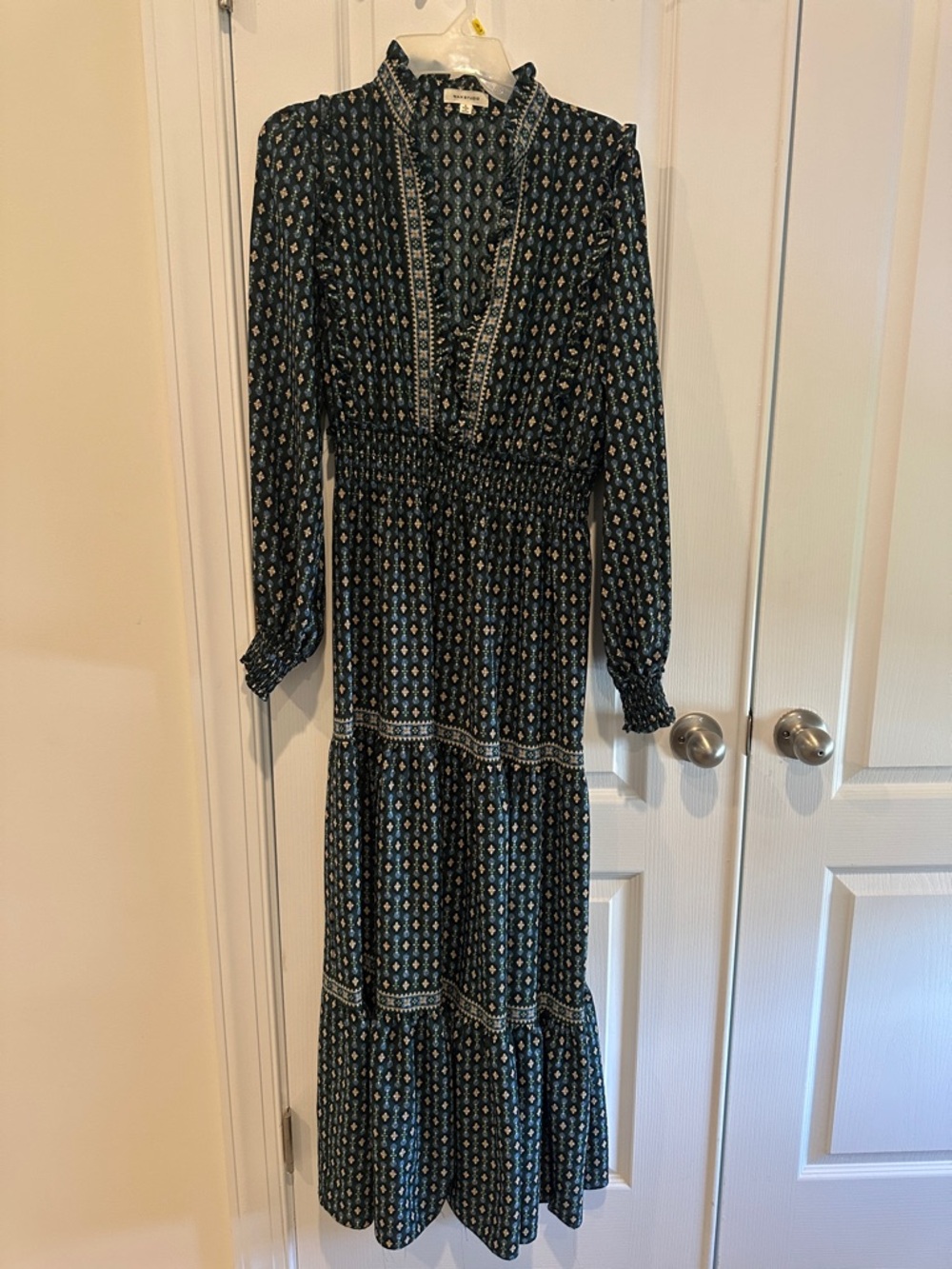 Max Studio Navy Floral Tiered Maxi Dress with Smocked Waist